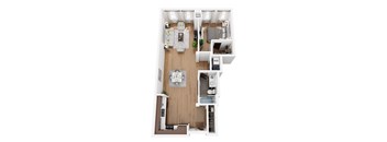 A top down view of a house layout with a kitchen, living room, dining room, and bathrooms.