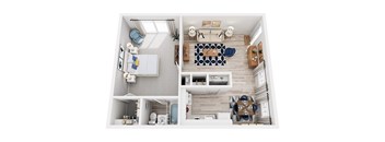 A top-down view of a modern, minimalist apartment with a kitchen, living room, and bathroom.