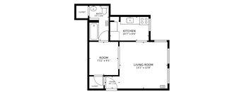 A black and white image of a floor plan for a small apartment.