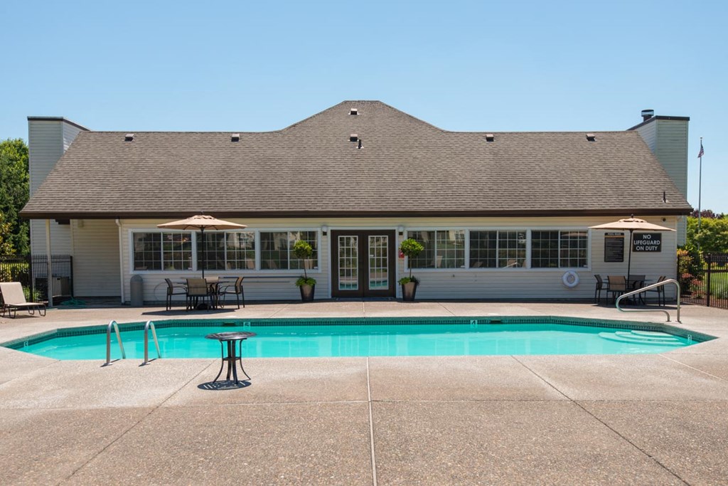 the pool is in front of the building at Sundial Apartments, Oregon, 97070