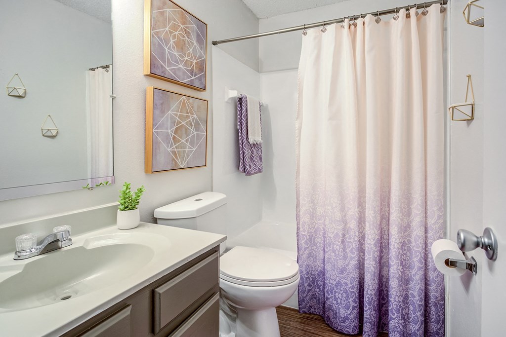 a bathroom with a shower and a toilet and a sink at The Hub at Baton Rouge, Baton Rouge Louisiana 