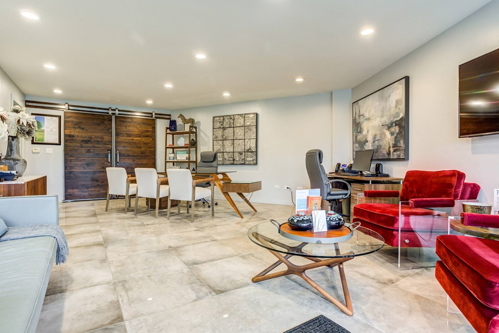 a living and dining room area with a desk and chairs and a couchat The Township at St. Charles, Illinois, 60174