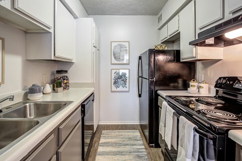 an updated kitchen with stainless steel appliances and white cabinets at The Hub at Baton Rouge, Baton Rouge, LA 70808