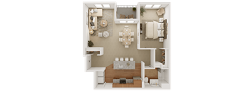 a 3d rendering of a floor plan with a bedroom and living room