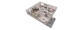 A 3D rendered image of a house layout.