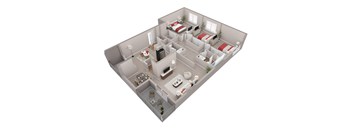 A 3D image of a house layout with multiple rooms and furniture.