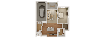 a 3d rendering of a floor plan with a car and a balcony