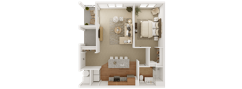 a rendering of a 3d floor plan with a bedroom and living room