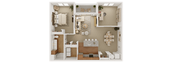 a rendering of a 3d floor plan with a bedroom and living room