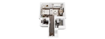 A white and wood floor plan of a house with a kitchen, living room, and two bedrooms.
