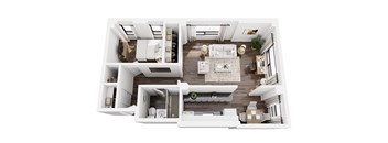 A top-down view of a modern, well-lit, and spacious apartment with a kitchen, living room, and bedroom.