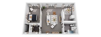 A top-down view of a small apartment with a kitchen, living room, and bathroom.