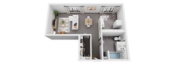 A top-down view of a small, modern kitchen and living room.