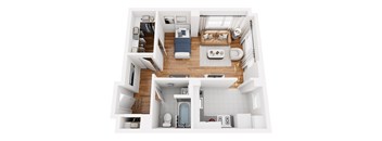 A top-down view of a small apartment with a bedroom, living room, kitchen, and bathroom.