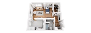 A top down view of a small apartment with a kitchen, living room, and bathroom.
