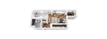 A white floor plan of a house with a kitchen, living room, and bedrooms.