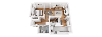 A top-down view of a modern apartment layout.