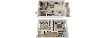 A floor plan of a two-bedroom apartment with a living room, kitchen, and bathroom.