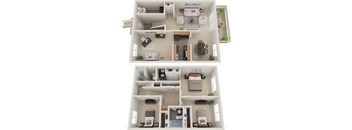 A 3D floor plan of a house with two bedrooms, a living room, a kitchen, and a bathroom.