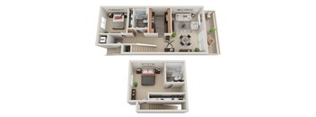 A 3D floor plan of a two-bedroom apartment with a living room, kitchen, and bathroom.