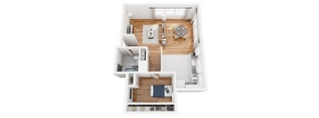 A top-down view of a modern apartment layout with a kitchen, living room, and bedroom.