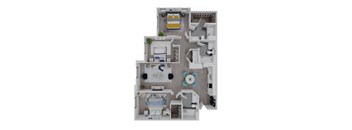 A top down view of a small apartment with a bedroom, living room, kitchen, and bathroom.