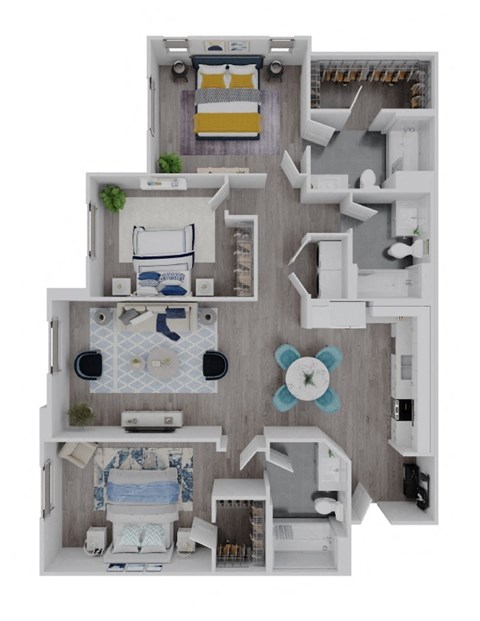 A top down view of a small apartment with a bedroom, living room, kitchen, and bathroom.