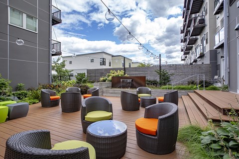 Plenty of patio seating to enjoy at Track 29 Apartments, Minnesota, 55408