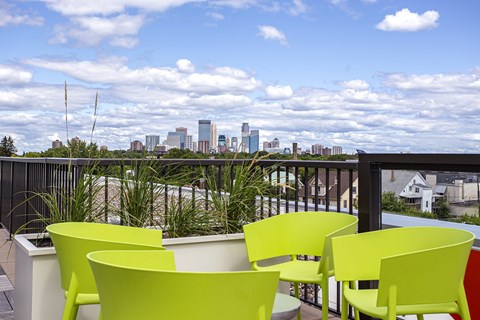 Balcony with view of the city at Track 29 Apartments, Minnesota  , 55408