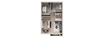 A top-down view of a small apartment with a bedroom, living room, and kitchen.