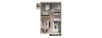 A top-down view of a small apartment with a kitchen, living room, and bathroom.