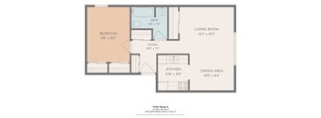 A floor plan of a small apartment with a bedroom, living room, kitchen, and dining area.
