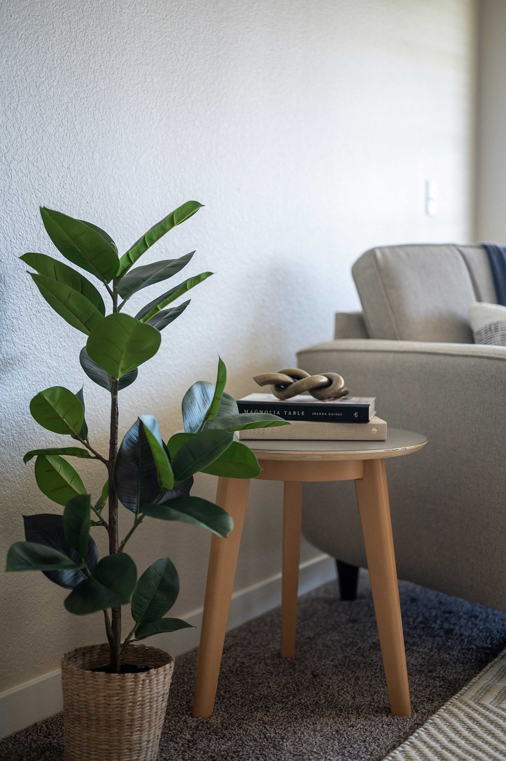 a living room with a table with a plant and a couch at Sundial Apartments, Wilsonville, OR 97070