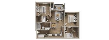 A detailed 3D floor plan of a house layout.