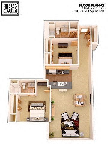 a floor plan of a house with two bedrooms at Boston Lofts, Milwaukee