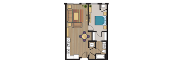 A floor plan of a house with a dining area, living room, kitchen, and bathroom.