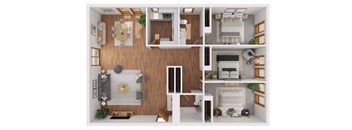 A top-down view of a modern apartment layout with a kitchen, living room, and bedroom.