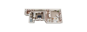 A top-down view of a small apartment with a kitchen, living room, and bedroom.