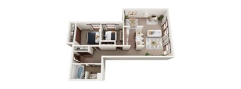 A top-down view of a well-organized apartment with a kitchen, living room, and bathroom.
