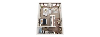 A top-down view of a small apartment with a kitchen, living room, and bathroom.