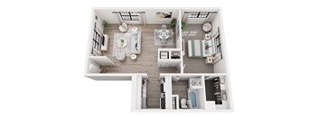 A top-down view of a modern apartment layout.
