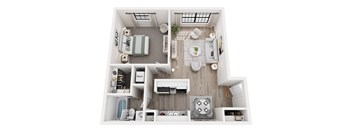 A top-down view of a small, neatly organized apartment with a kitchen, living room, and bathroom.