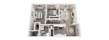 A top-down view of a small apartment with a kitchen, living room, and bathroom.