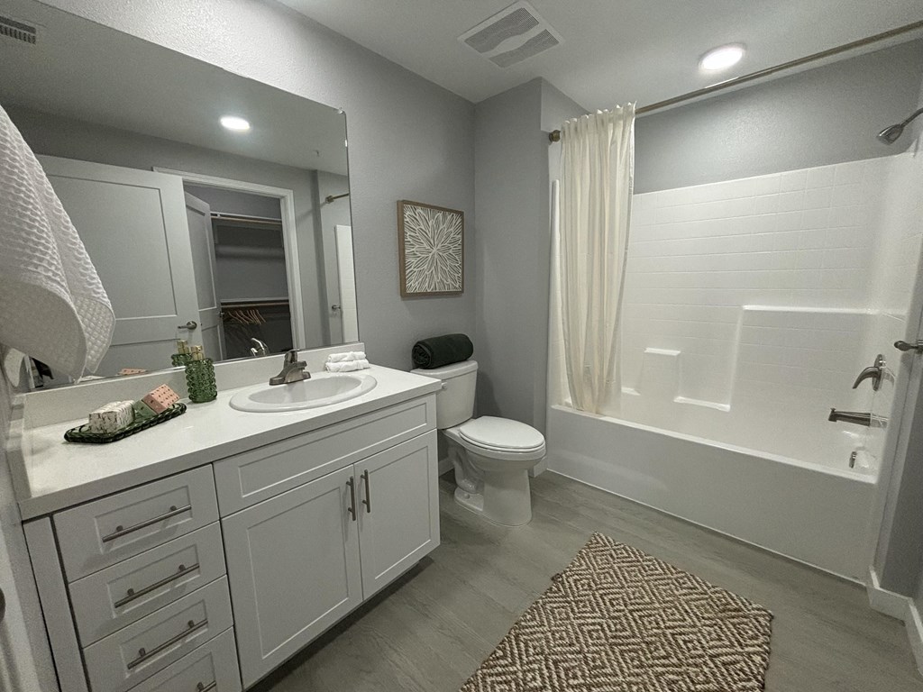 a bathroom with a sink and a shower and a toilet