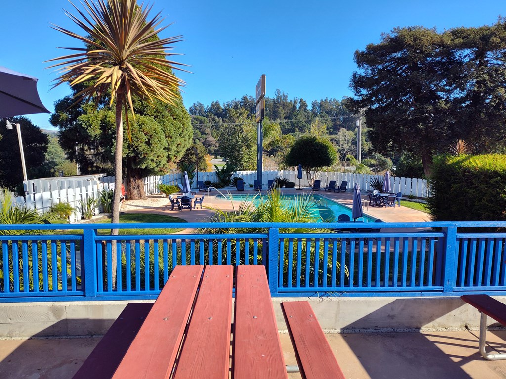 View of the pool from the deck at Salinas Sunset Apartments, California