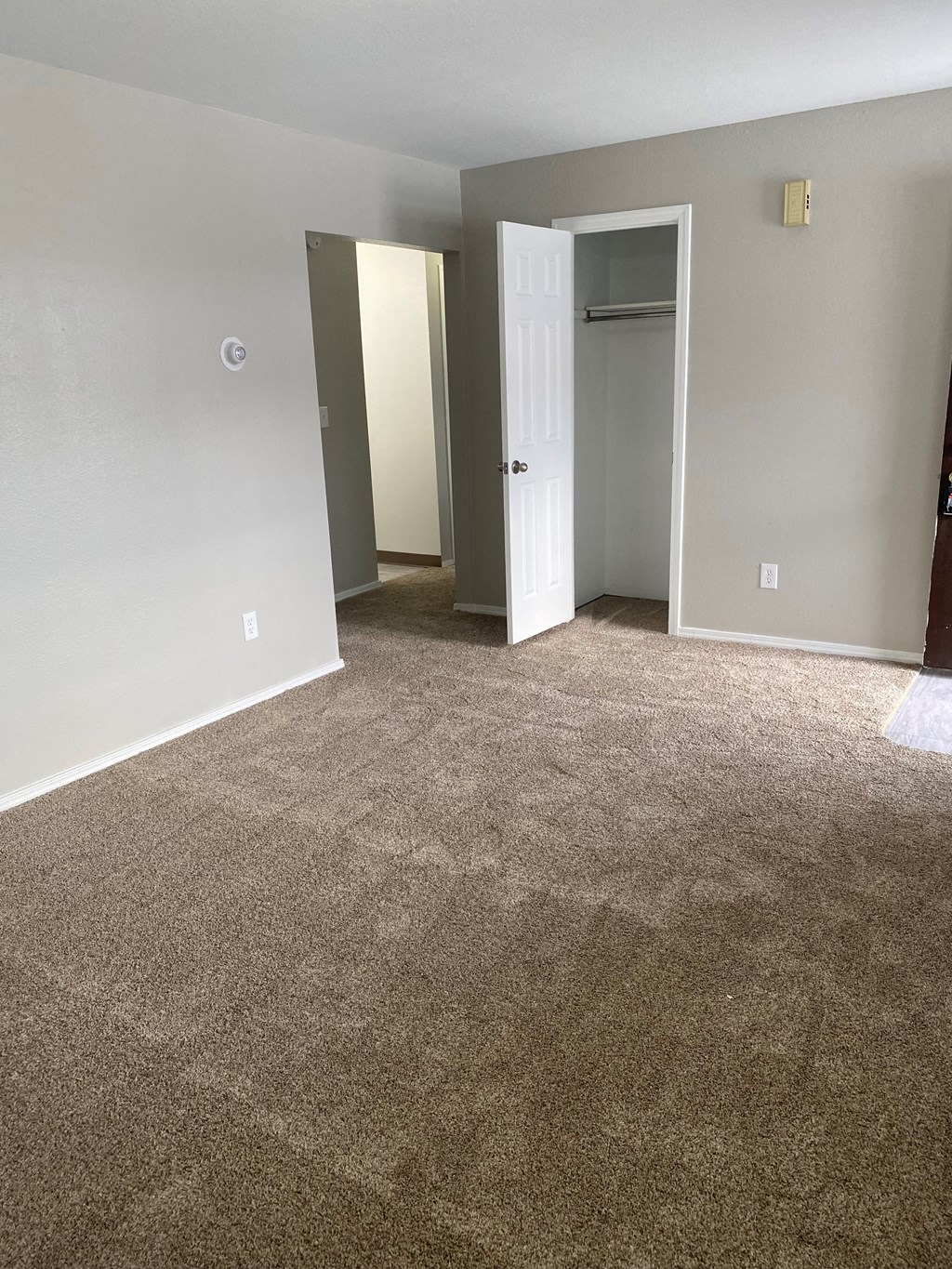 an empty living room with carpet and a door to a closet