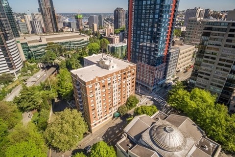 Arial view of The Exeter in a city at The Exeter Apartments, Apartments, Seattle, WA