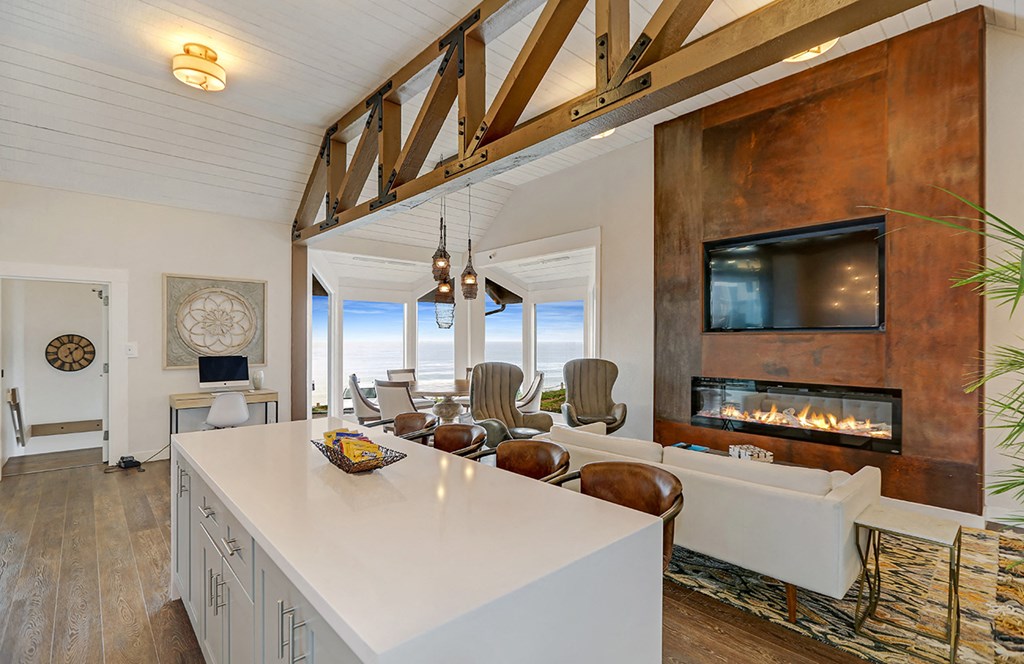 Fireplace with ocean views at OceanAire Apartment Homes, California