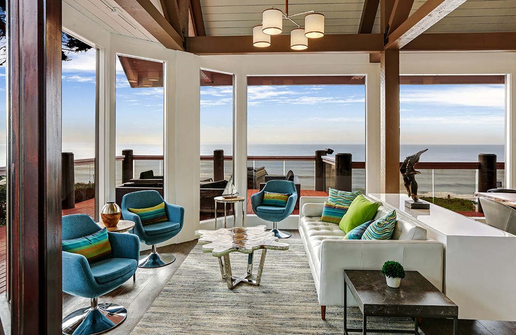Lobby with ocean views at OceanAire Apartment Homes, Pacifica, CA
