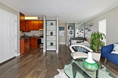 Apartment interior from living room with view of kitchen  at OceanAire Apartment Homes, Pacifica, California